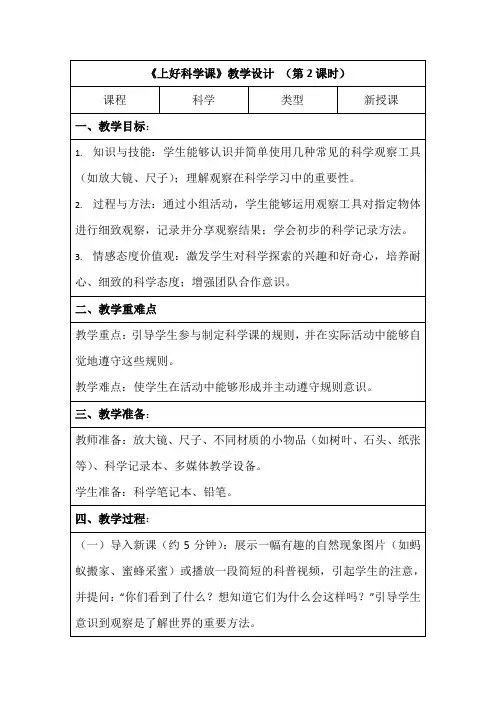 一年级上册科学苏教版1.3上好科学课第二课时教案(表格式 )