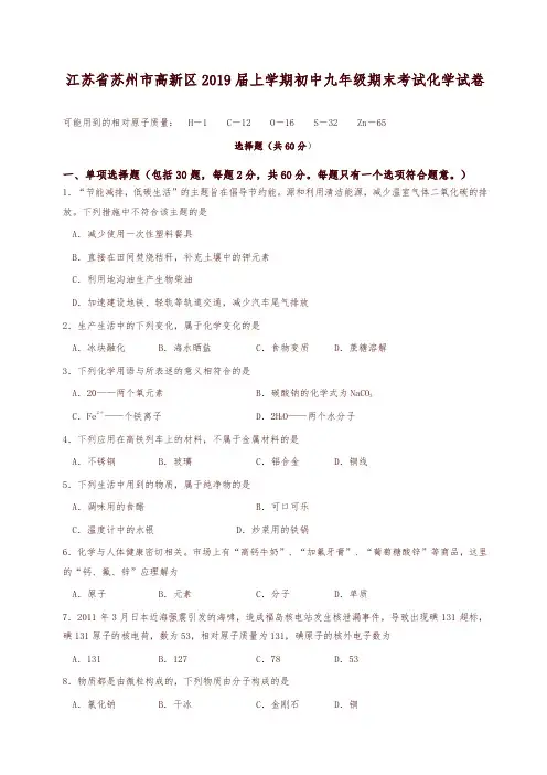 人教版江苏省苏州市高新区2019届上学期初中九年级期末考试化学试卷(含答案)-名师版