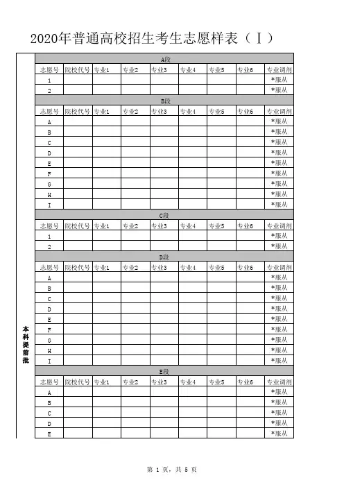 2020年甘肃省普通高校招生考生志愿表样表