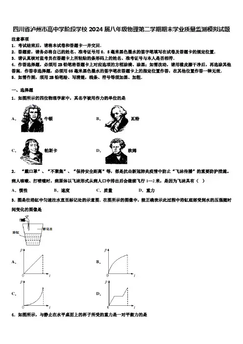 四川省泸州市高中学阶段学校2024届八年级物理第二学期期末学业质量监测模拟试题含解析