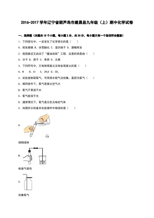 辽宁省葫芦岛市建昌县2017届九年级(上)期中化学试卷(解析版)