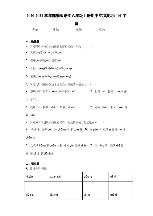 2020-2021学年部编版语文六年级上册期中专项复习：01字音