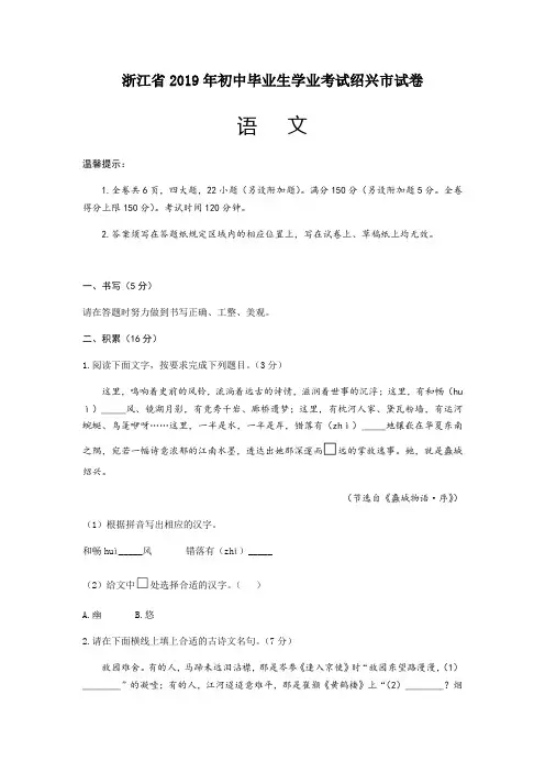 【中考真题】2019年浙江省绍兴市中考语文试卷_含答案
