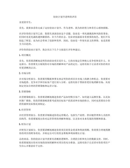 创业计划书老师的评语