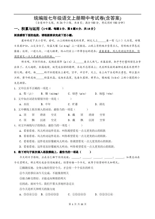 期中复习考试卷++2024—2025学年统编版语文七年级上册