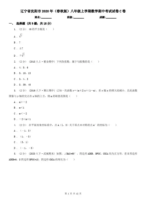 辽宁省沈阳市2020年(春秋版)八年级上学期数学期中考试试卷C卷