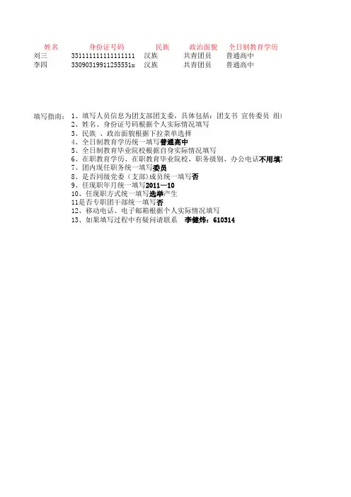 团员信息表格标准模板