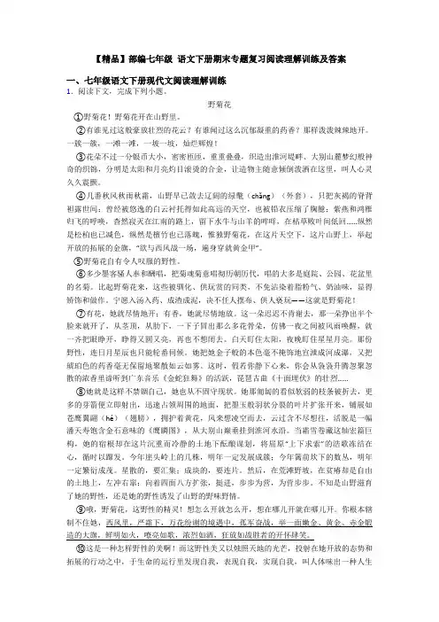 【精品】部编七年级 语文下册期末专题复习阅读理解训练及答案