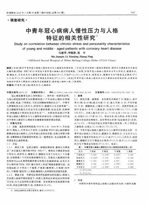 中青年冠心病病人慢性压力与人格特征的相关性研究
