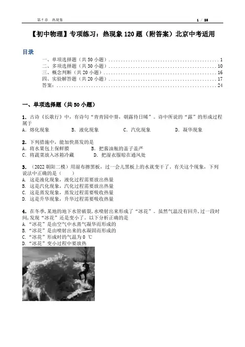 【初中物理】专项练习：热现象120题(附答案)北京中考适用