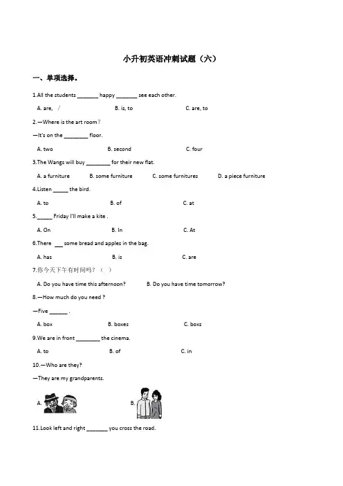 六年级下册英语试题--小升初冲刺试题(六)( 含答案)
