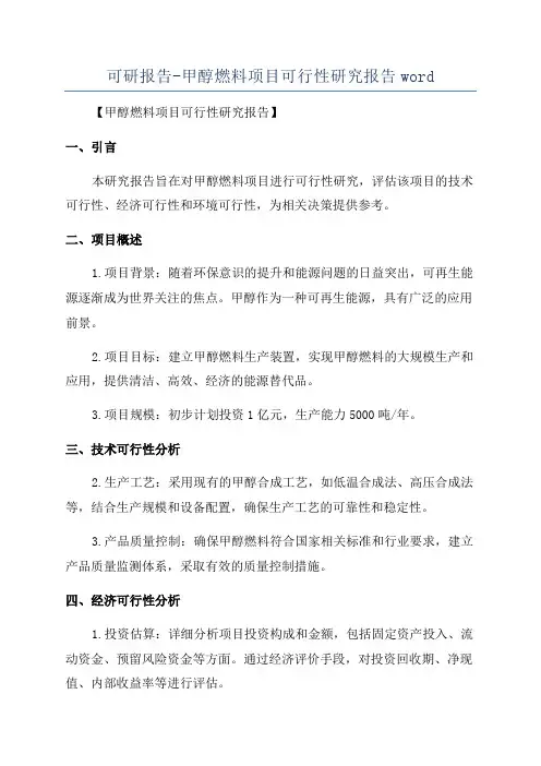 可研报告-甲醇燃料项目可行性研究报告word