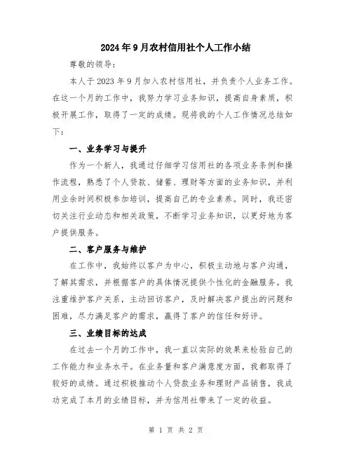 2024年9月农村信用社个人工作小结