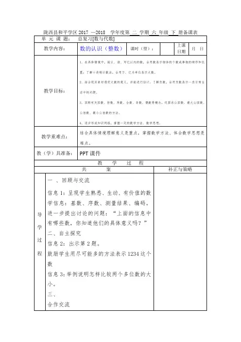 北师大版六年级下册总复习数与代数教案