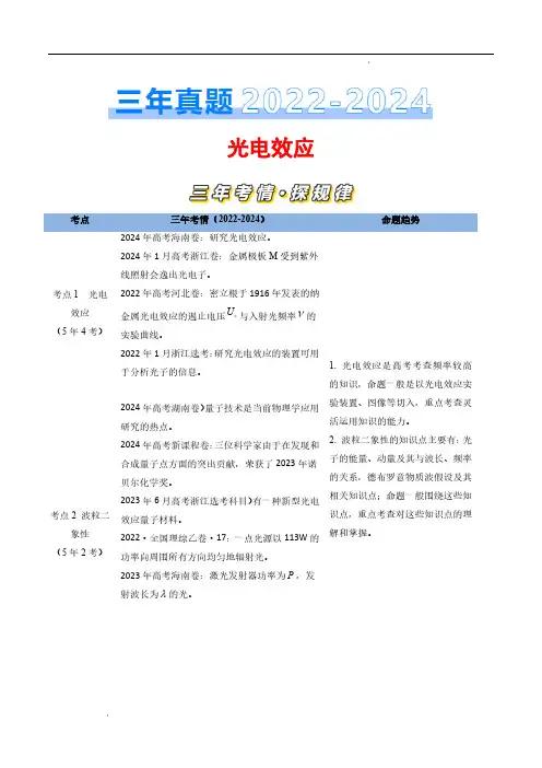 光电效应(解析版)—三年(2022-2024)高考物理真题分类汇编(全国通用)
