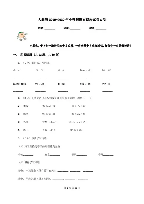 人教版2019-2020年小升初语文期末试卷A卷
