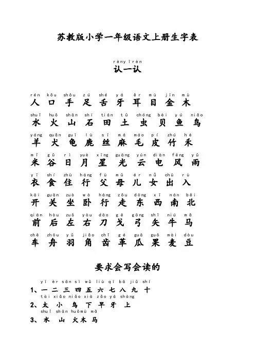苏教版小学一年级语文上、下册生字表(一、二类字带拼音)