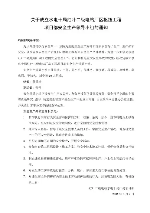 关于成立项目部安全生产领导小组的通知