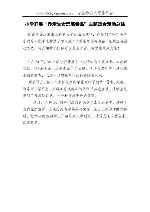 小学开展“珍爱生命远离毒品”主题班会活动总结