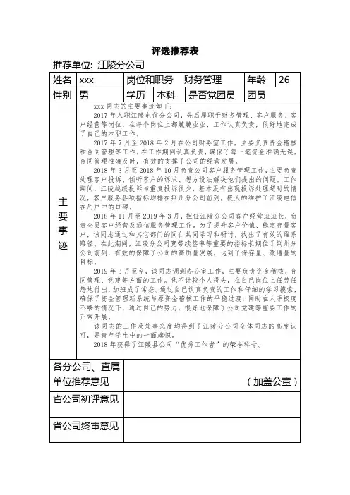 以第三人称写季度优秀员工表彰推荐表