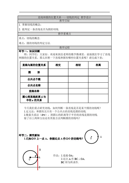 直线和圆的位置关系——切线的判定 教学设计 2022-2023学年人教版九年级数学上册