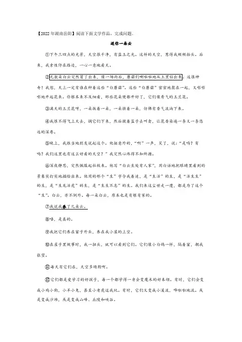 2022中考语文现代文阅读真题：送你一朵云