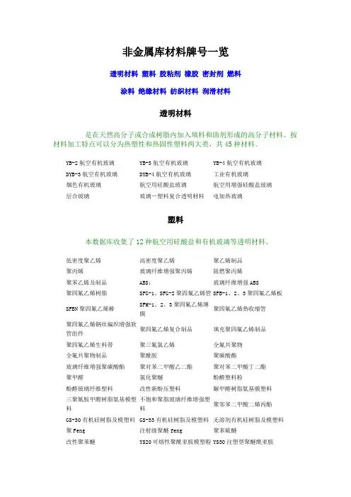 非金属库材料牌号一览