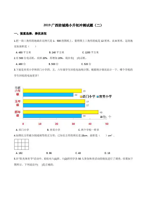 六年级下册数学试题-小升初冲刺试题(二)  2019广西防城港人教新课标(2014秋) (含答案)