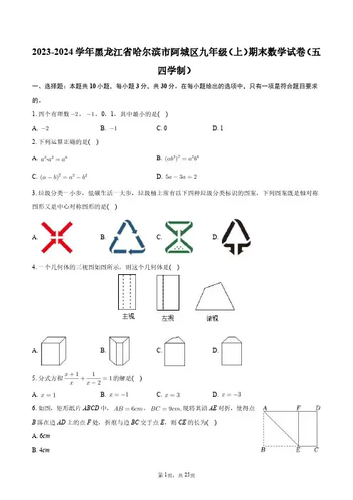 2023-2024学年黑龙江省哈尔滨市阿城区九年级(上)期末数学试卷(五四学制)+答案解析
