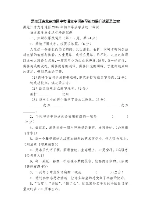 黑龙江省龙东地区中考语文专项练习能力提升试题及答案_3