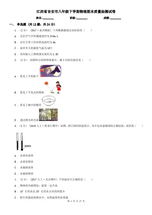 江西省吉安市八年级下学期物理期末质量抽测试卷