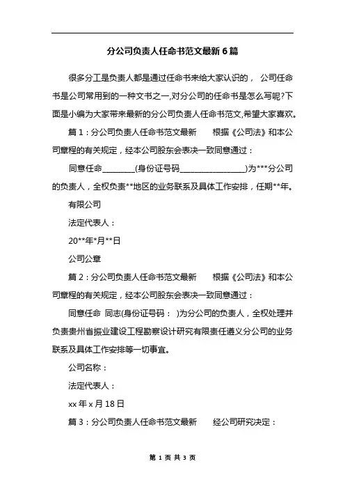 分公司负责人任命书范文最新6篇