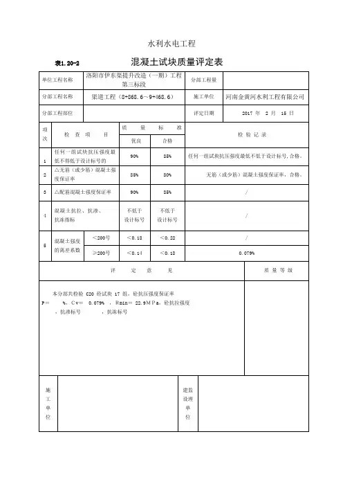混凝土试块质量评定表
