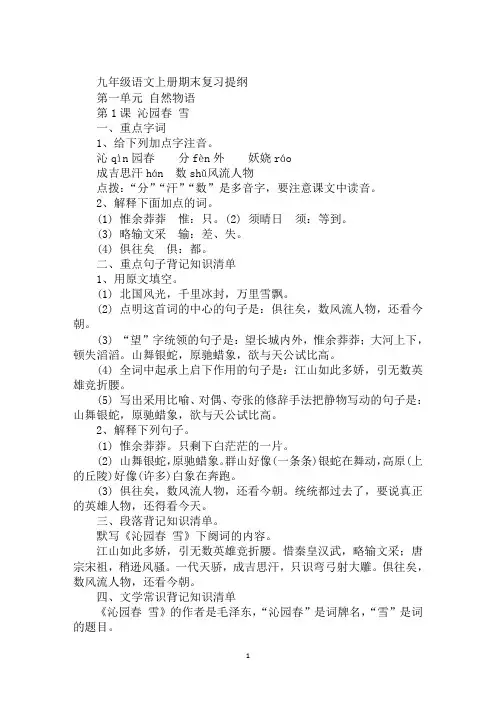 九年级语文上册期末复习提纲