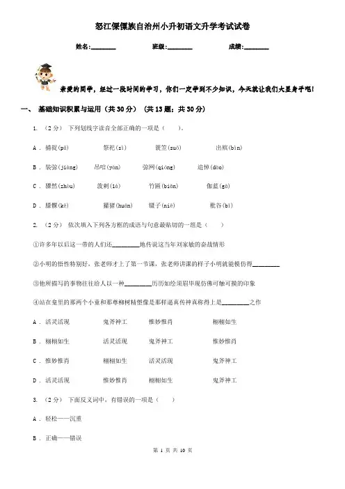 怒江傈僳族自治州小升初语文升学考试试卷