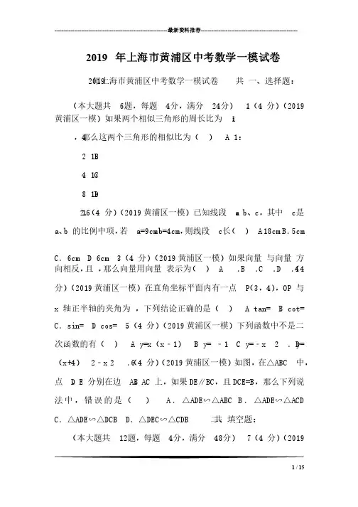 2019年上海市黄浦区中考数学一模试卷