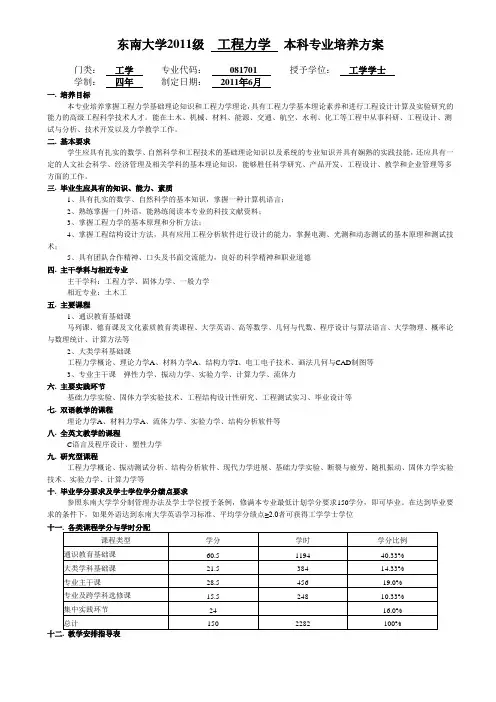东南大学级工程力学本科专业培养方案