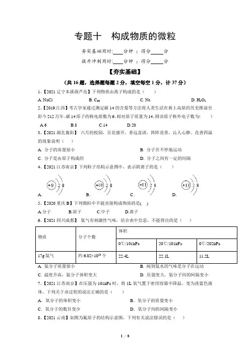 专题10 构成物质的微粒(专题精练)-中考化学一轮复习精讲精练(全国通用)(原卷版)