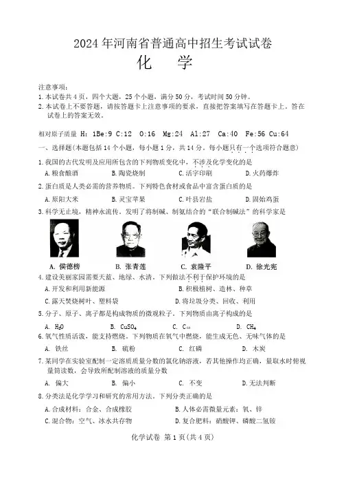 2024年河南省普通高中招生考试《化学》试卷(附答案)