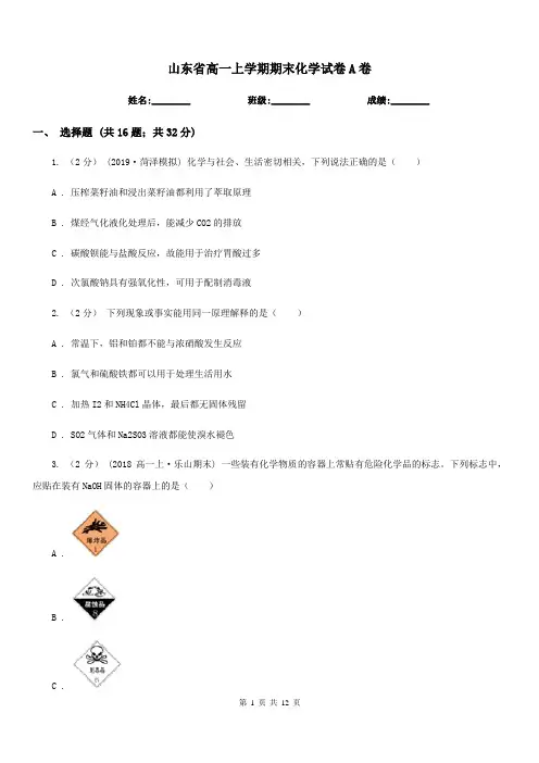 山东省高一上学期期末化学试卷A卷