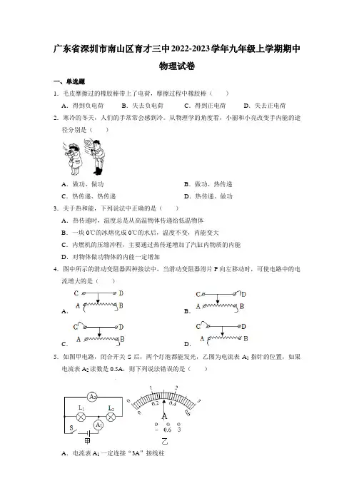 广东省深圳市南山区育才三中2022-2023学年九年级上学期期中物理试卷(含答案)