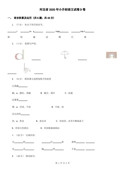 河北省2020年小升初语文试卷D卷