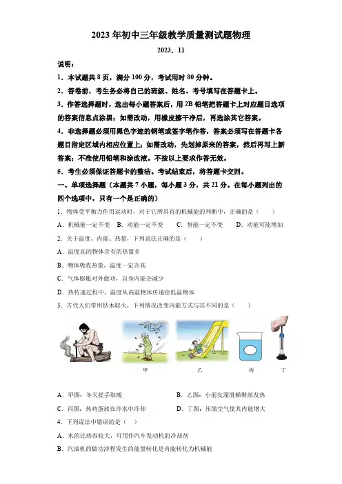 广东省东莞市中学校2023-2024学年九年级上学期期中考试物理试题(含解析)