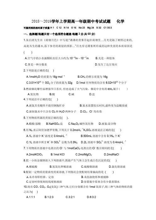 河南省郑州一〇六中学2018～2019学年度高一上学期期中考试化学试题及参考答案