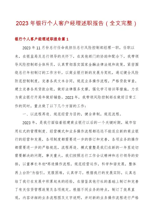 2023年银行个人客户经理述职报告