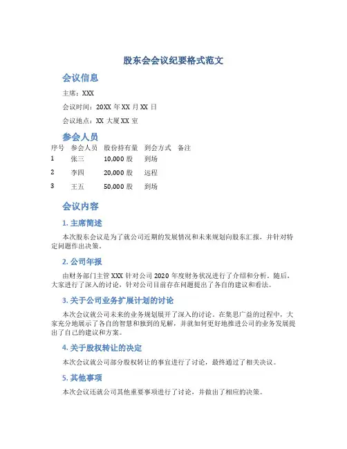 股东会会议纪要格式范文