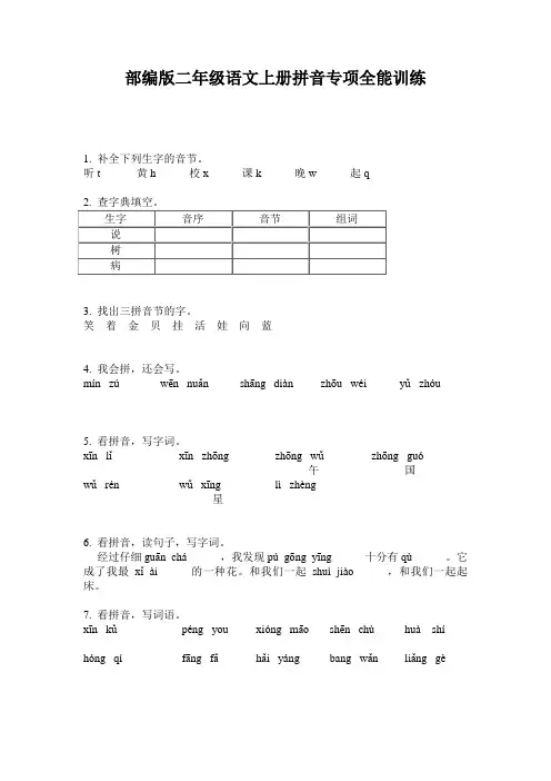 部编版二年级语文上册拼音专项全能训练