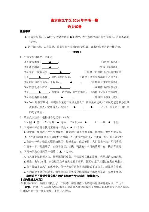 江苏省南京市江宁区中考语文一模试题