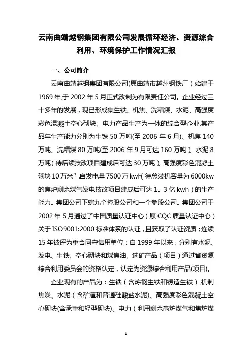 云南曲靖越钢集团有限公司发展循环经济、资源综合利用及环境保护工作情况汇报