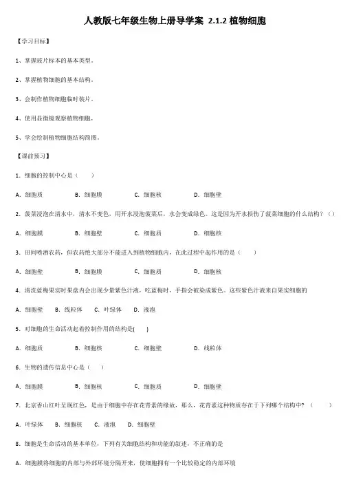 人教版七年级生物上册导学案 2.1.2植物细胞